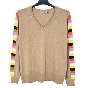 Zaket & Plover Tan V Neck Cashmere Blend Sweater Striped Sleeves Size L - CJ